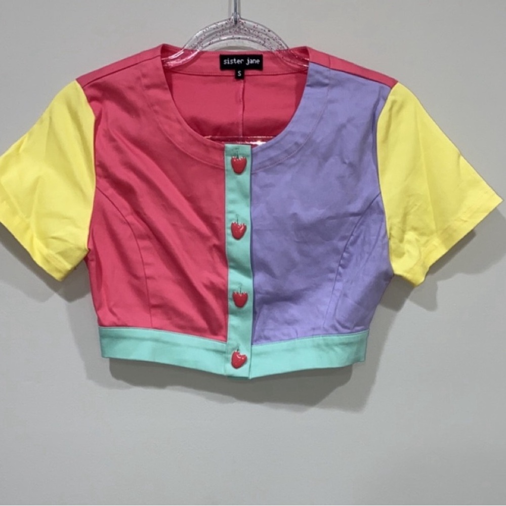 NWOT Sister Jane Color Block Heart Button Down Crop Top
